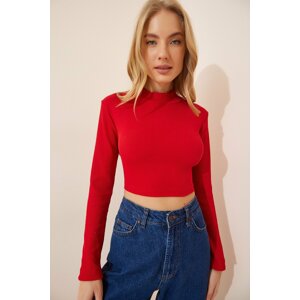 Happiness İstanbul Women's Red Stand-Up Collar Corduroy Knitted Crop Blouse