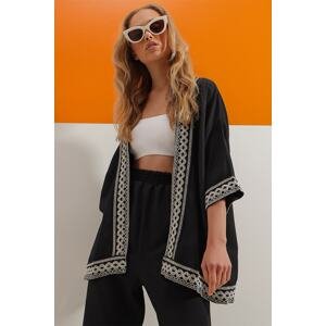 Trend Alaçatı Stili Women's Black Ethnic Pattern Embroidered Linen Woven Jacket
