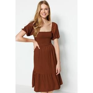 Trendyol Brown Open Waist/Skater Square Neck Balloon Sleeve Midi Sweater Knitted Dress