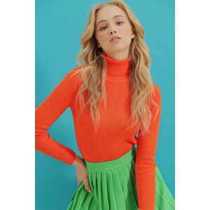 Trend Alaçatı Stili Women's Orange Turtleneck Corduroy Knitwear Sweater