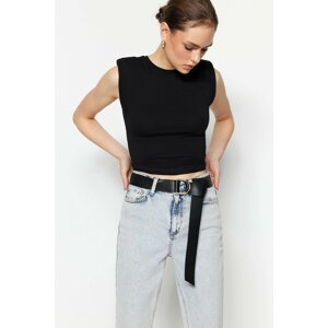 Trendyol Black Padded Fitted Crew Neck Crop Stretchy Knitted Blouse