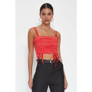 Trendyol Red Drawstring Detail Straps Crop Stretch Knitted Blouse