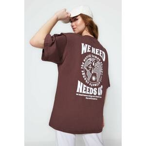 Trendyol Brown 100% Cotton Front and Back Printed Oversized/Wide Fit Knitted T-Shirt