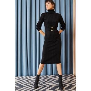 Olalook Women's Black Belted Thick Ribbed Knitwear Dress