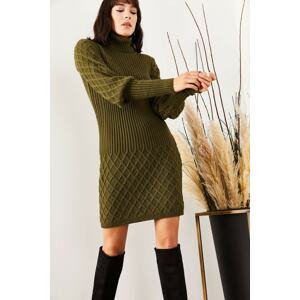 Olalook Women's Khaki Knitwear With Sleeves And Skirt Textured Dress