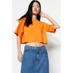 Trendyol Orange 100% Cotton Premium Crop Crew Neck Knitted T-Shirt