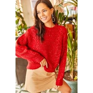 Olalook Women's Red Crew Neck Bat Soft Textured Sequin Knitwear Sweater