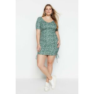 Trendyol Curve Green Floral Pattern Knitted Dress with Smocking Detail on the sides that fit the body