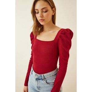 Happiness İstanbul Women's Claret Red Princess Sleeve Square Collar Corduroy Knit Blouse