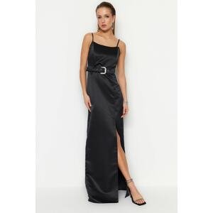Trendyol Evening Dress In Black With Belt Knitted Satin With Shiny Stones