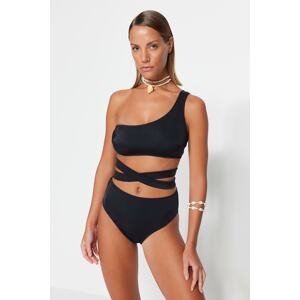 Trendyol Black One-Shoulder Pile High Waist Bikini Set With Normal Legs