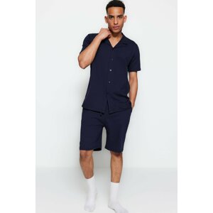 Trendyol Navy Blue Unisex Regular Fit Wide Collar Shorts Pajamas Set