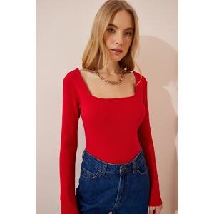 Happiness İstanbul Women's Red Square Collar Corduroy Knitted Blouse