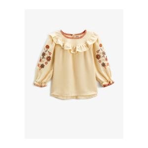 Koton Floral Embroidered Detail Long Sleeve Blouse with Elastic Cuffs, Round Neck.