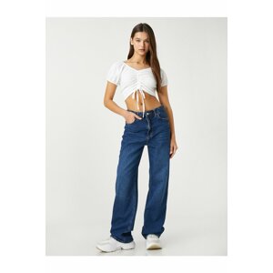 Koton Crop T-Shirt Balloon Sleeves Gather Detailed V-Neck