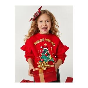 Koton Christmas Tree Printed Ruffled Sweatshirt with Pompom Detail.