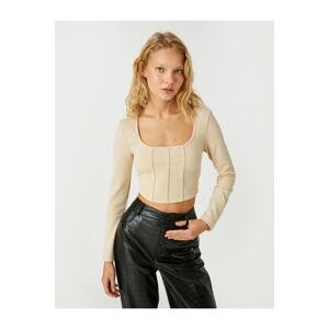 Koton Long Sleeved T-Shirt with Crop and Corset Detail Square Collar.