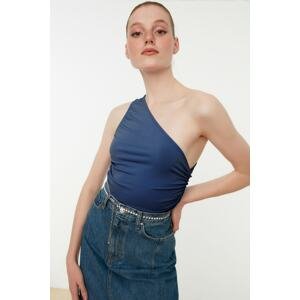 Trendyol Blue One-Shoulder Smocking Knitted Blouse