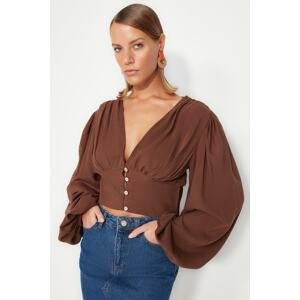 Trendyol Brown Crop Woven Blouse with Balloon Sleeves 100% Cotton