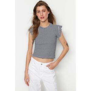Trendyol Navy Blue Striped Flounce Fitted Crew Neck Crop Ribbed Knitted Blouse