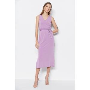 Trendyol Purple Tie Detailed Midi V-Neck Stretchy Knit Dress