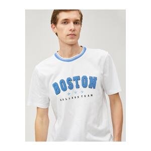 Koton College T-shirt. Crew Neck Trims Embroidered Appliques Detailed Short Sleeves.