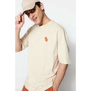Trendyol Beige Men's Oversize Crew Neck Short Sleeve Fox Embroidered 100% Cotton T-Shirt
