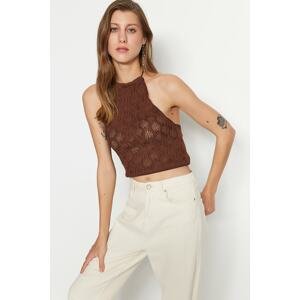 Trendyol Brown Thin Crop Knitwear Blouse with Openwork/Holes