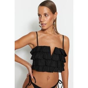 Trendyol Black Crop Woven Ruffle 100% Cotton Blouse