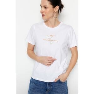 Trendyol Ecru 100% Cotton Embroidered Basic Crew Neck Knitted T-Shirt