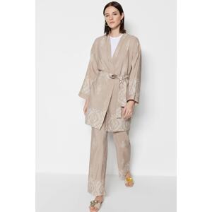 Trendyol Beige Linen Look Ethnic Print Kimona-Pants Suit