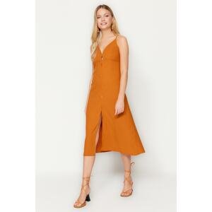 Trendyol Brown Straight Cut Midi Dress with Woven Buttons and Straps