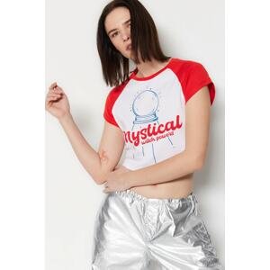 Trendyol White 100% Cotton Sleeves with Colorful Printed Fitted/Situated Crop Knitted T-Shirt