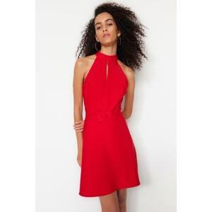 Trendyol Red Belted A-Cut Mini Woven High Collar Woven Dress