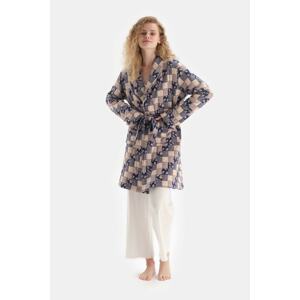 Dagi Navy Blue Floral Pattern Shawl Collar Cotton Lined Dressing Gown