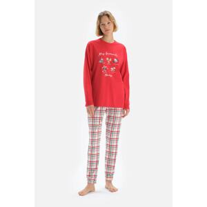 Dagi Red Long Sleeve Graphic Printed Top and Plaid Bottom Pajamas Set