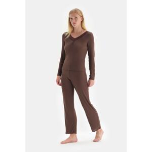 Dagi Brown Long Sleeve V-neck Pleated Pajamas Set