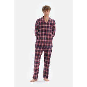 Dagi Checkered Woven Pajamas Set with Red Jacket Collar Pipe.