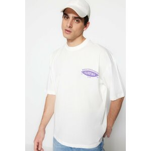 Trendyol Ecru Men's Oversize/Wide-Cut Surf Print 100% Cotton T-Shirt