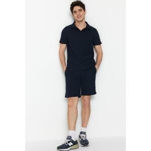 Trendyol Navy Blue Men's Tracksuit Set Regular Cut Textured Fabric Labeled Polo Collar T-Shirt & Shorts