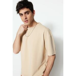 Trendyol Limited Edition Beige Men's Basic Relaxed/Comfortable fit, Short Sleeve Embroidered Labels, Textured T-Shirt.