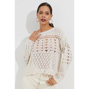 Cool & Sexy Women's Ecru Openwork Sweater MIW5351