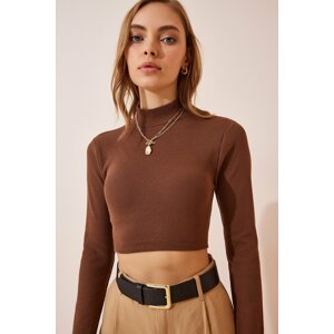 Happiness İstanbul Women's Brown Stand-Up Collar Corduroy Knitted Crop Blouse
