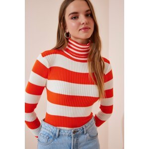 Happiness İstanbul Women's Orange Turtleneck Striped Knitwear Blouse