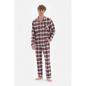 Dagi Checkered Woven Pajamas Set with Burgundy Jacket Collar