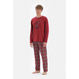 Dagi Red Crewneck Long Sleeves Deer Embroidered Top Checkered Bottom Pajamas Set
