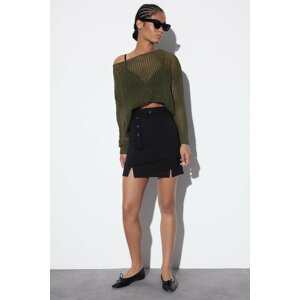 Trendyol Black Belted Slit Detail High Waist Mini Knitted Skirt