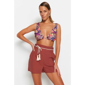 Trendyol Brown Belted Woven Ruffled 100% Cotton Shorts & Bermuda