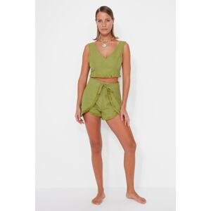 Trendyol Oil Green Woven Blouse with Tassels and Shorts Set