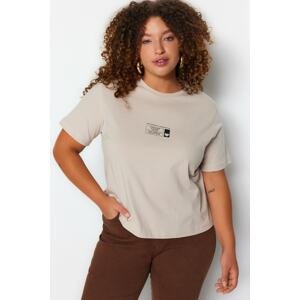 Trendyol Curve Beige Crew Neck Printed Knitted T-Shirt